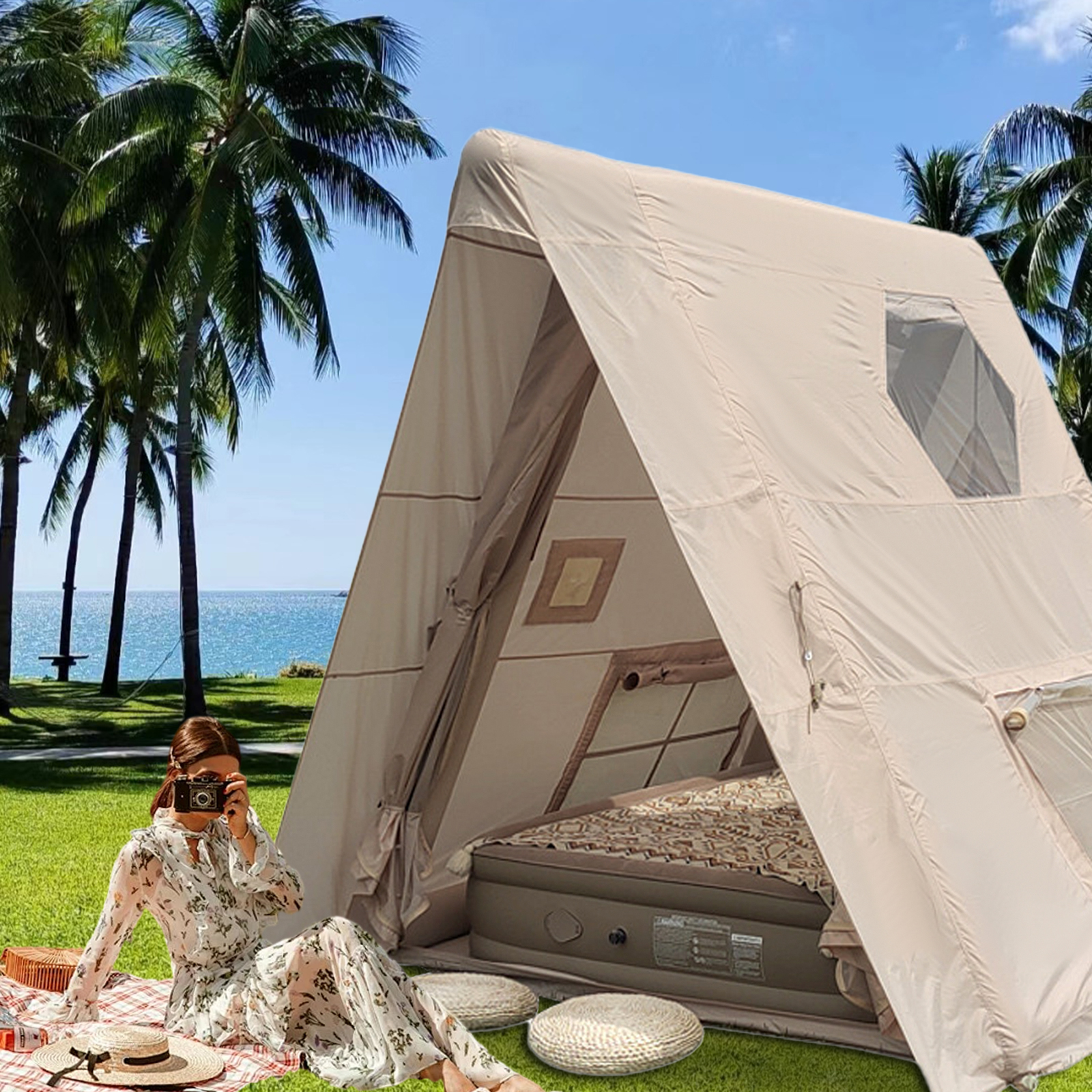 Outdoor camping tent display triangle inflatable tent outdoor camping scene with person grassland setup