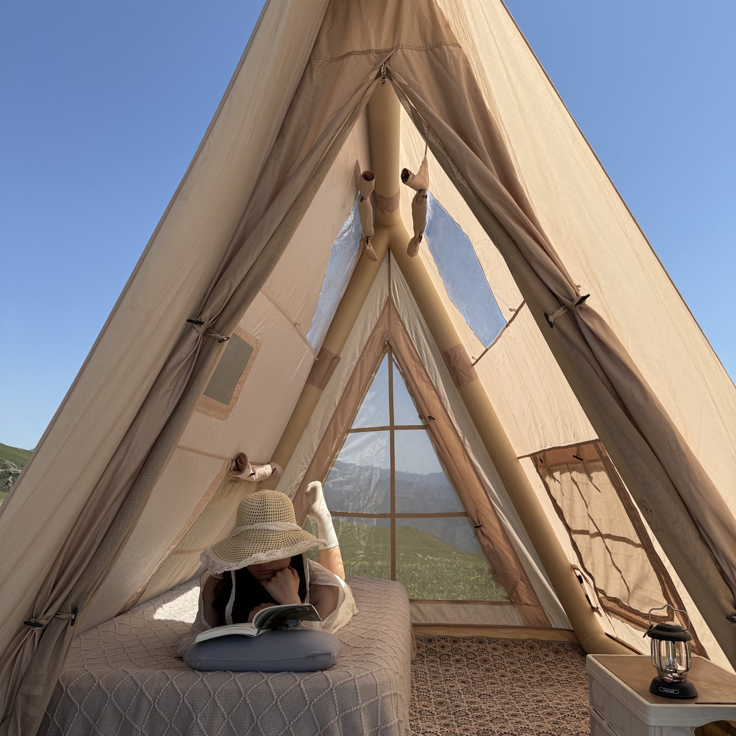 Interior living space display triangle inflatable tent interior with person spacious camping shelter